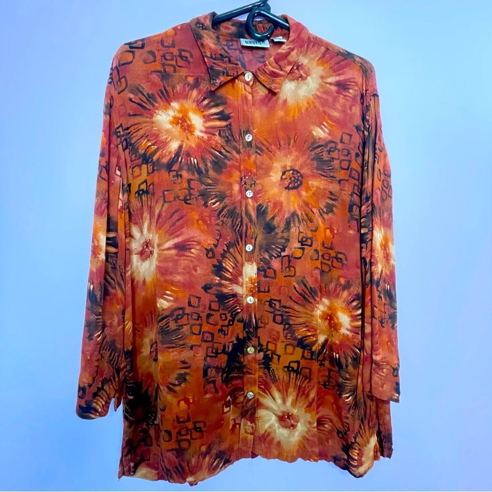 Vintage Chico's Blouse Orange Boho Tie Dye Button Collar Chiffon Rayon Large